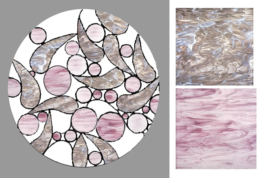 Un panneau circulaire où des formes rondes et des verres roses, mauves et texturés se répondent.